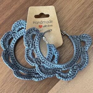 Handmade Gray Crochet Hoop Earrings, Cotton Thread